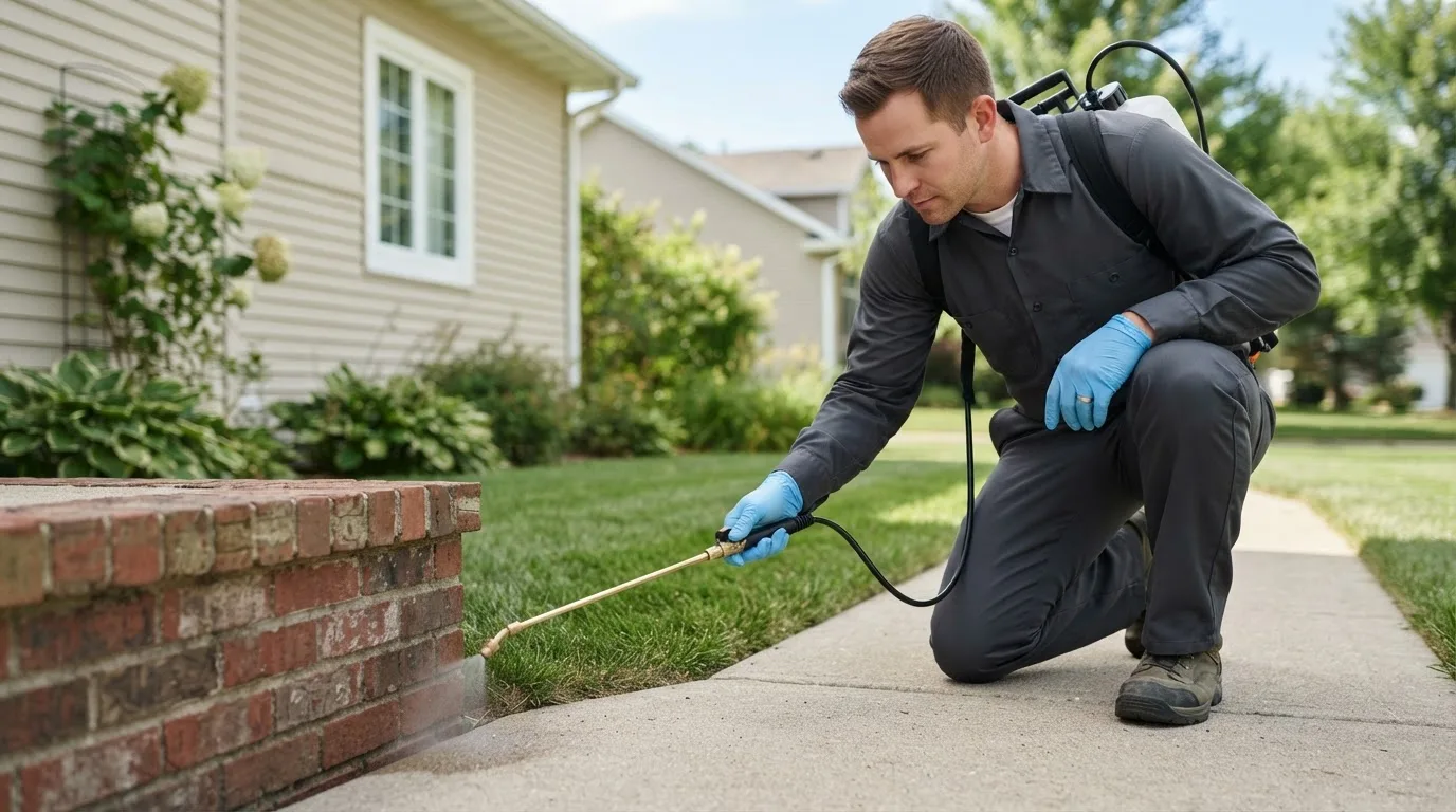 Pest control technician treating a home near Wilton, IA