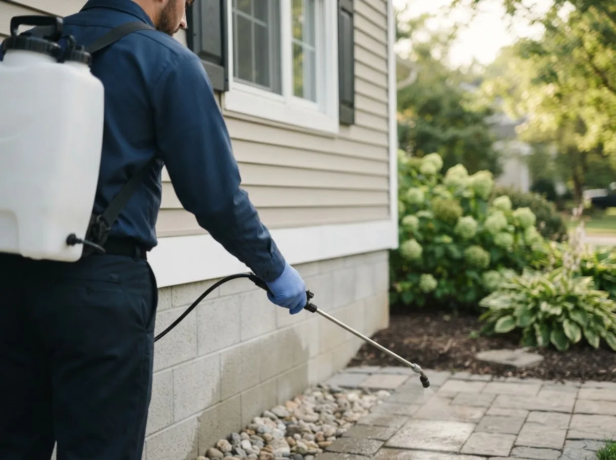 Pest control technician inspecting a home in Wilton, IA